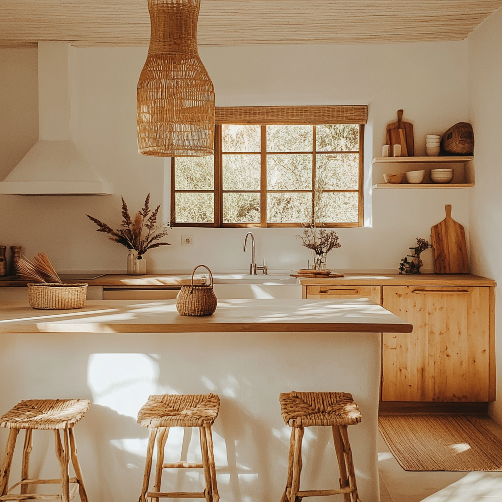 Using textures and fabrics with wood and plants for cozy kitchen