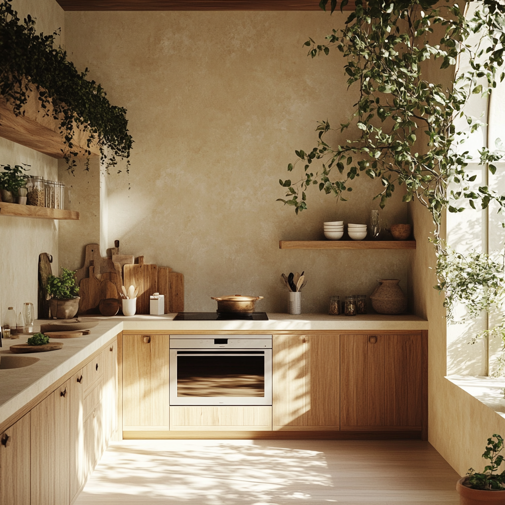 Cozy kitchen with natural lighting, wooden shelves and wooden cabinets