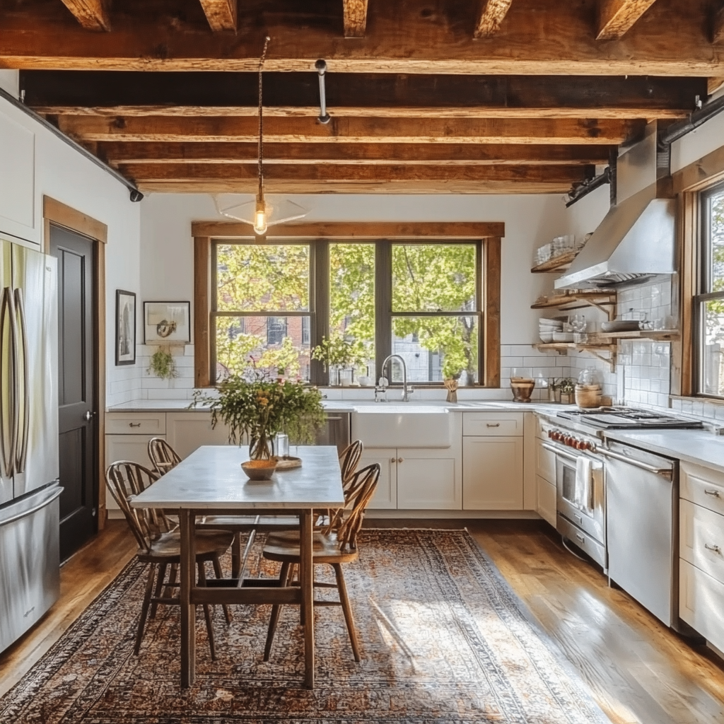 Cozy elegant kitchen with natural wooden beams overhead