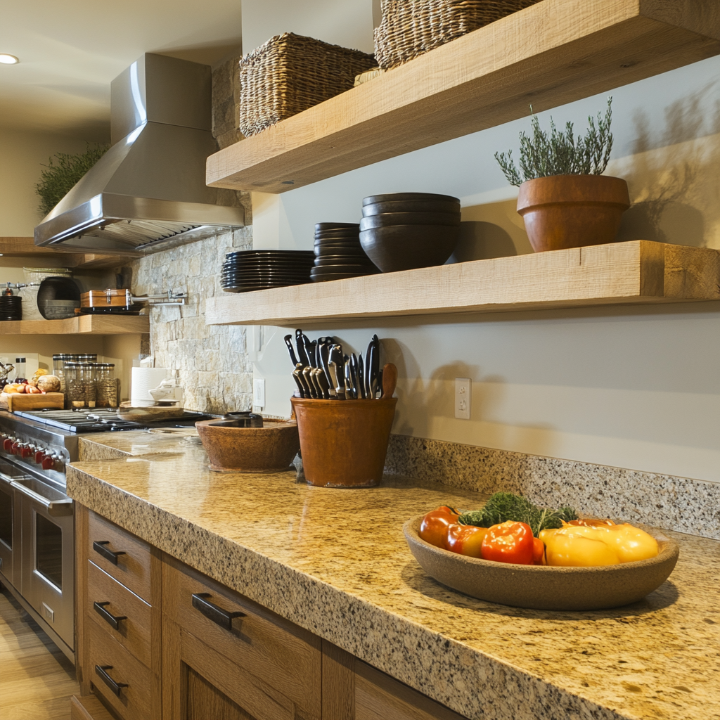 wood shelving for cozy kitchen